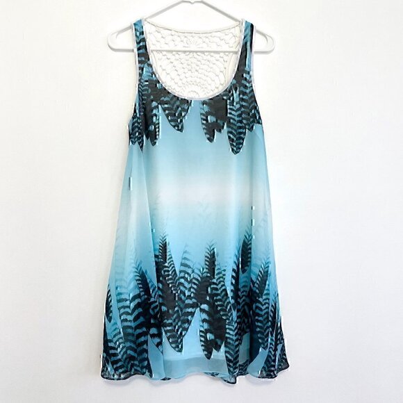 BEBE Blue Black White Feather Print Crochet Trim Sleeveless Mini Shift Dress XS - Picture 2 of 12